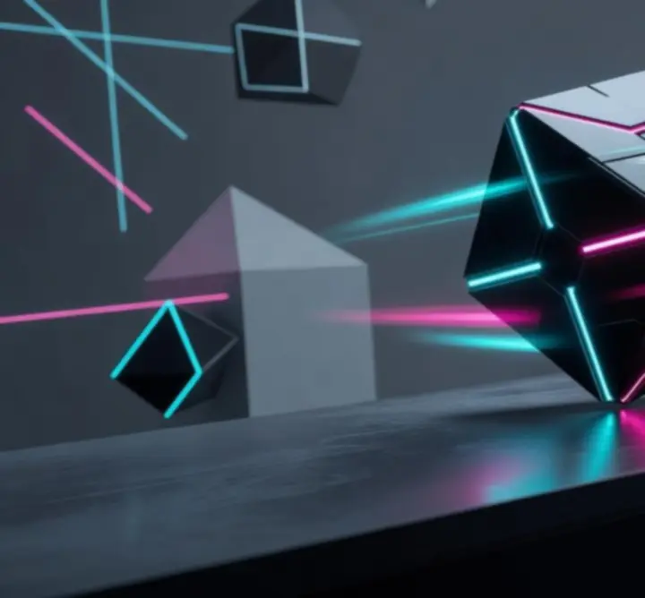 EDGE Cube rolling and pivoting along a glowing edge in motion