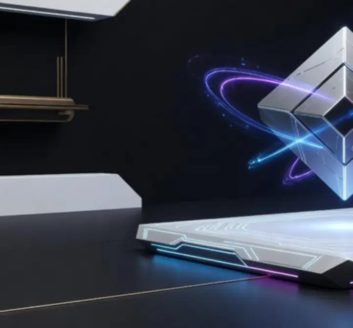 The EDGE Cube floating above a neon geometric platform
