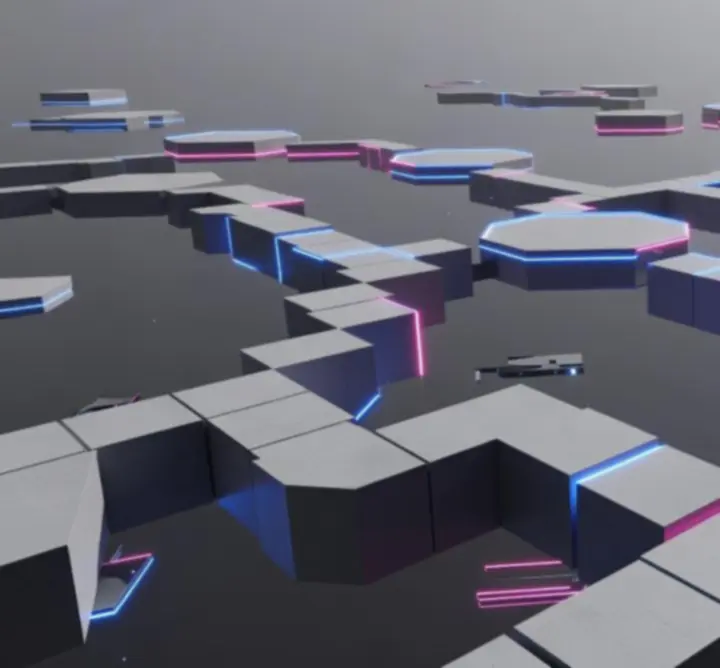Abstract geometric EDGE environment with layered platforms and glowing structures